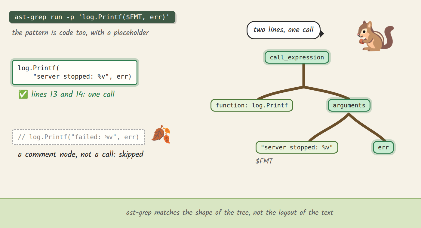 A squirrel sits by a syntax tree: the call_expression node has a function child and an arguments child holding the format string and err; the split call is matched as one call and the commented-out line falls away like a leaf