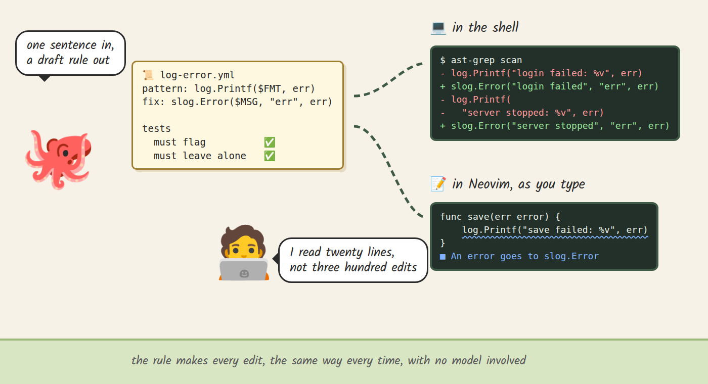 An octopus drafts a rule from one sentence; the rule card holds the pattern, the fix and passing tests; a person reads twenty lines instead of three hundred edits; the rule rewrites error calls in the shell and underlines a new one in Neovim as it is typed