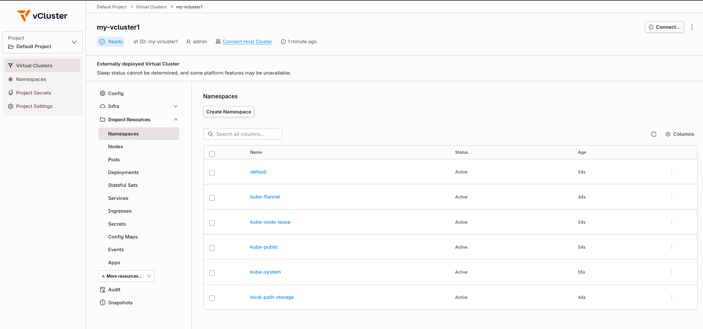 Platform dashboard showing vind cluster