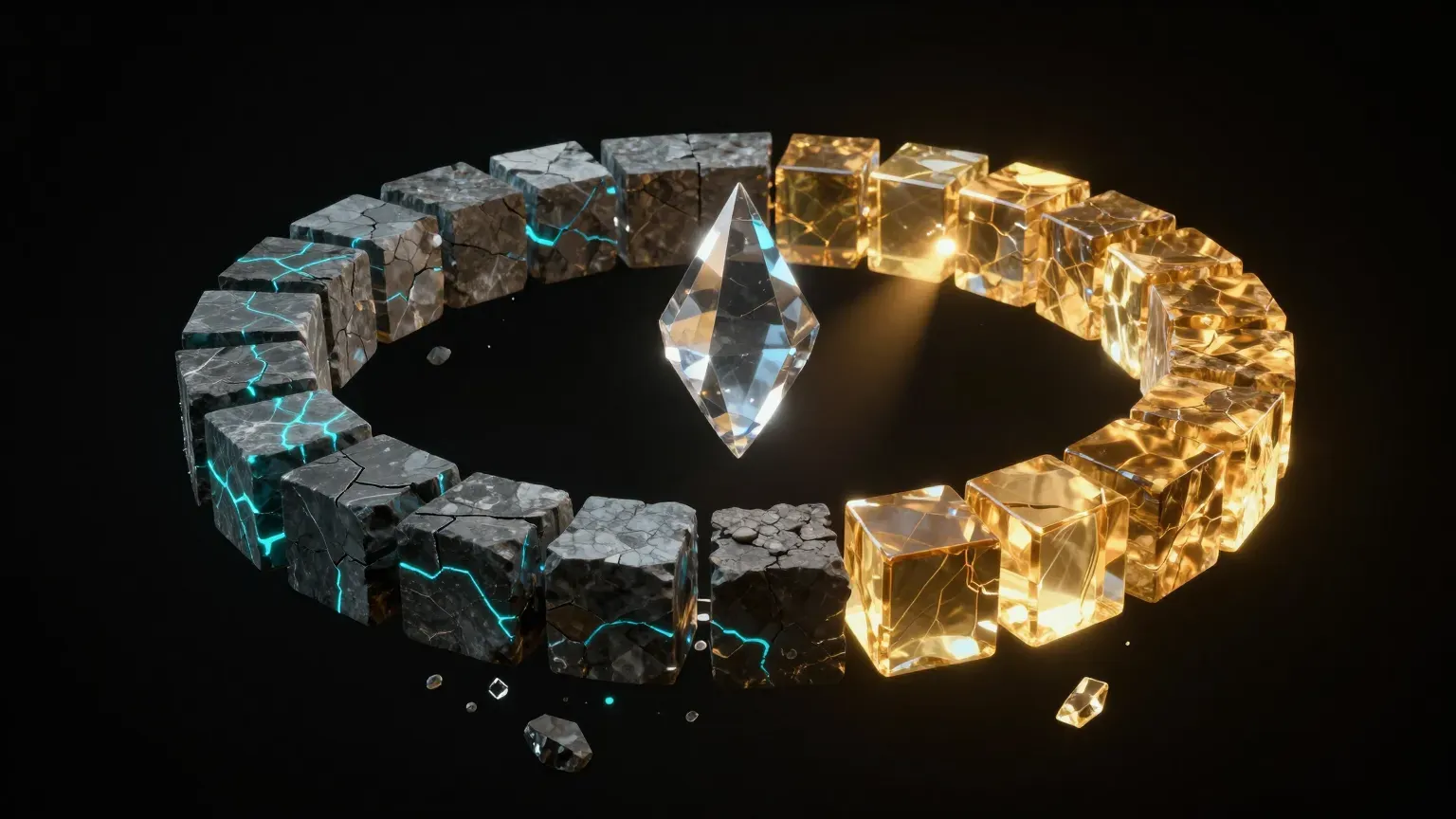 A flawless crystal floats at the center of a ring of stone blocks; on one side the blocks are cracked with glowing cyan seams, and around the ring they give way to new blocks of glowing amber glass while old fragments fall away