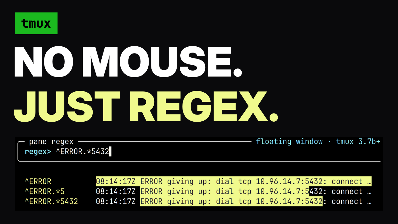 tmux pane regex picker highlighting an error in scrollback